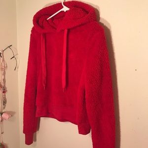 Red faux fur cropped hoddie